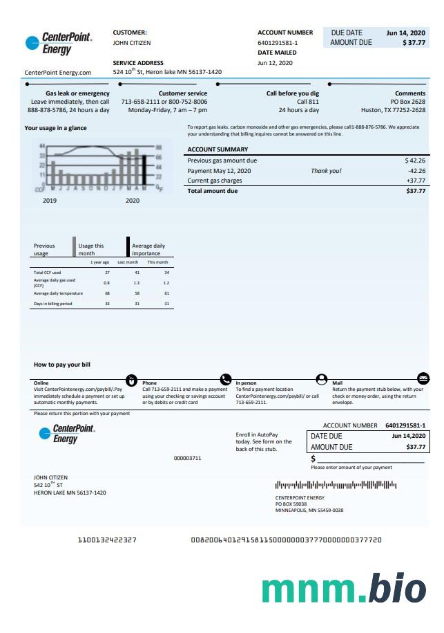 USA Texas Center Point Energy rachunek za media szablon w formacie Word i PDF